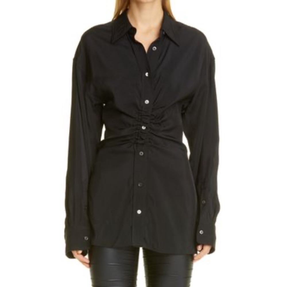 NWT Alexander Wang Ruched Waist Oversize Button-Up Shirt in Black